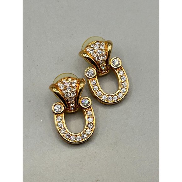Swarovski Earrings Swan Signed Gold Tone Crystal Horseshoe Door Knockers - Picture 2 of 5